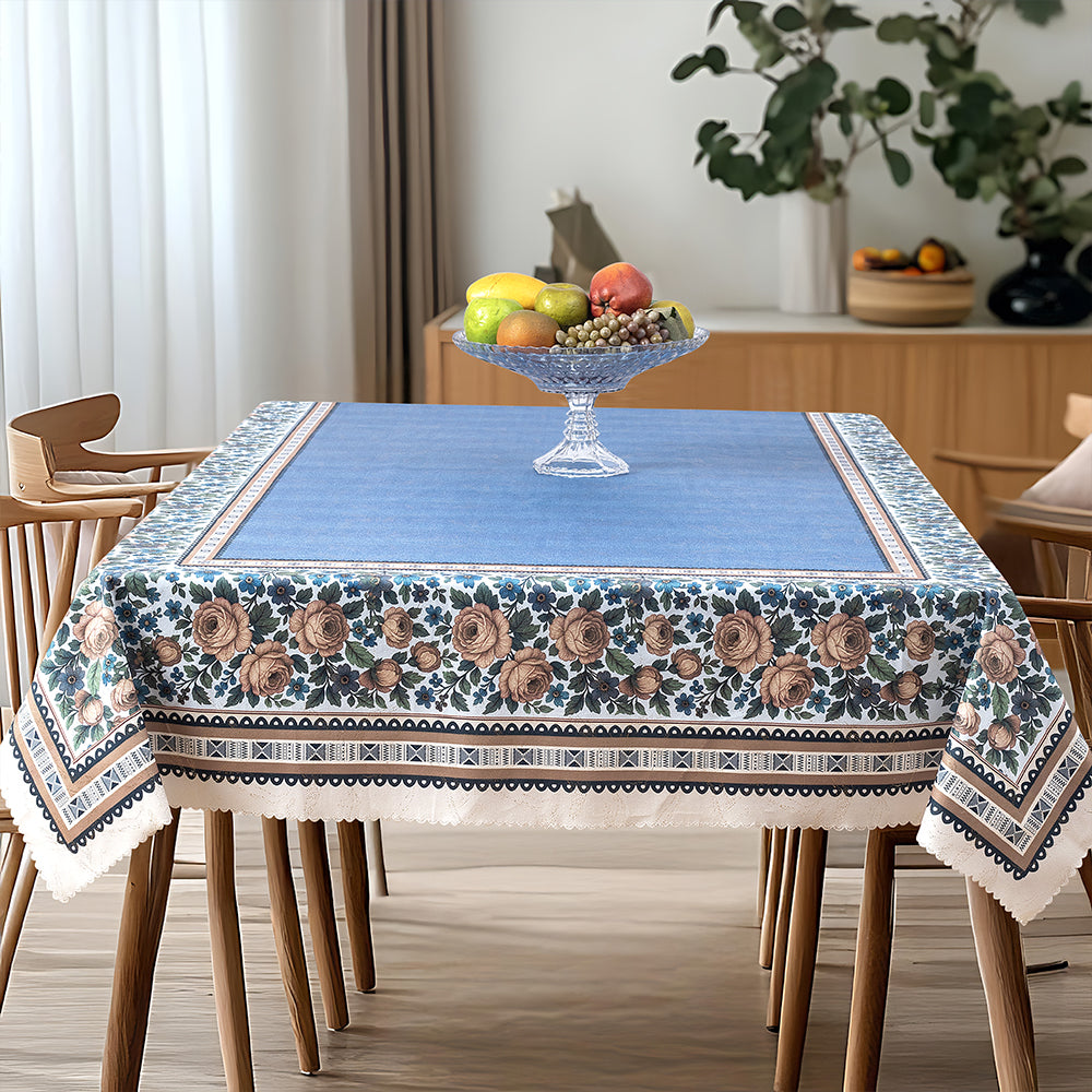 Rose Elegance – Royal Blue Premium Floral Table Cover