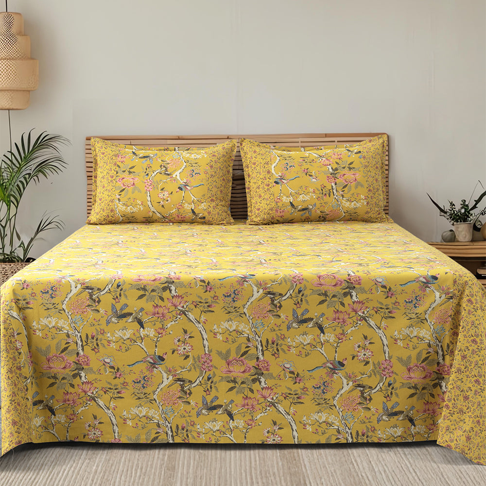 Royal Bird & Floral Ajara King Size Bedsheet Set – Mustard Bloom