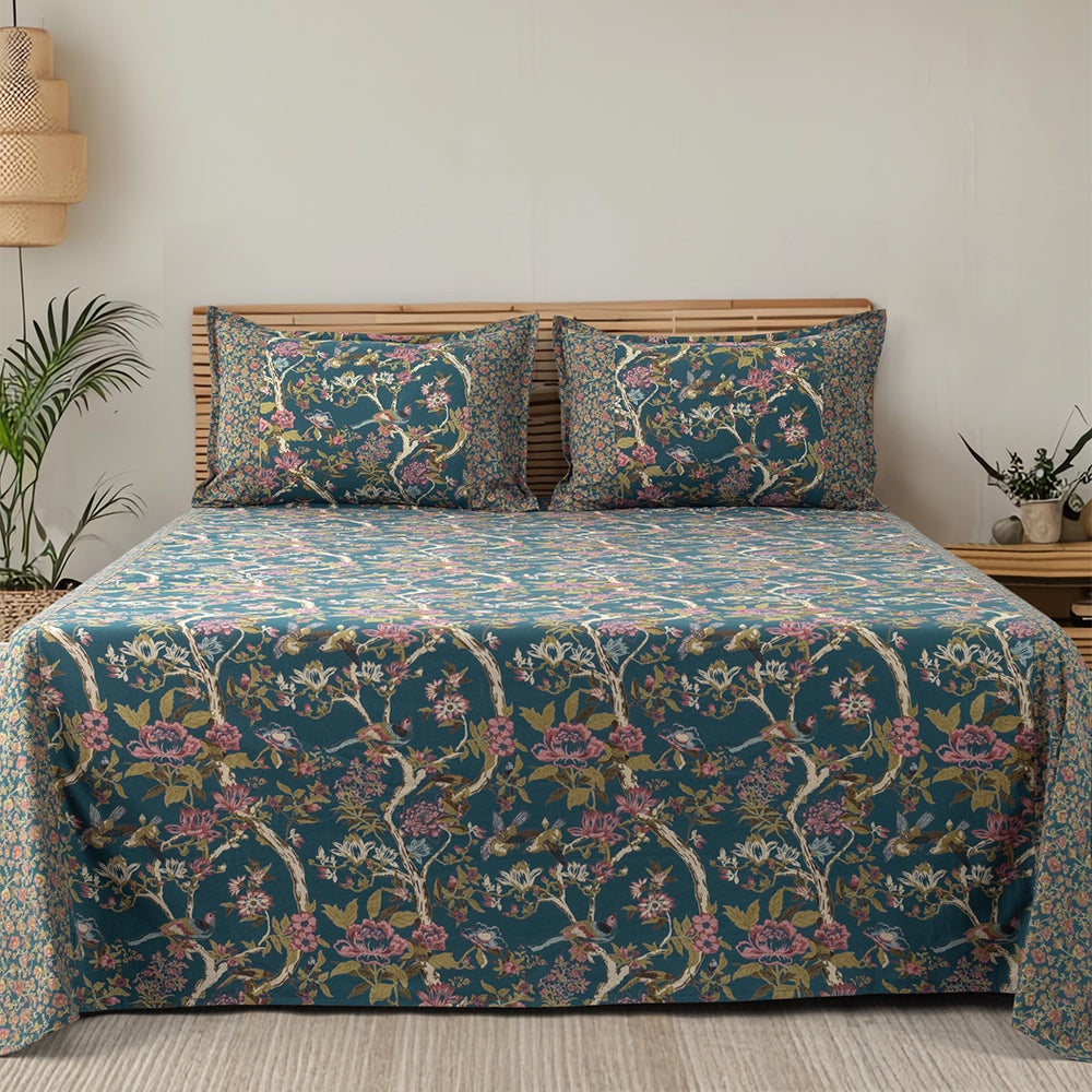 Royal Bird & Floral Ajara King Size Bedsheet Set – Teal Azure