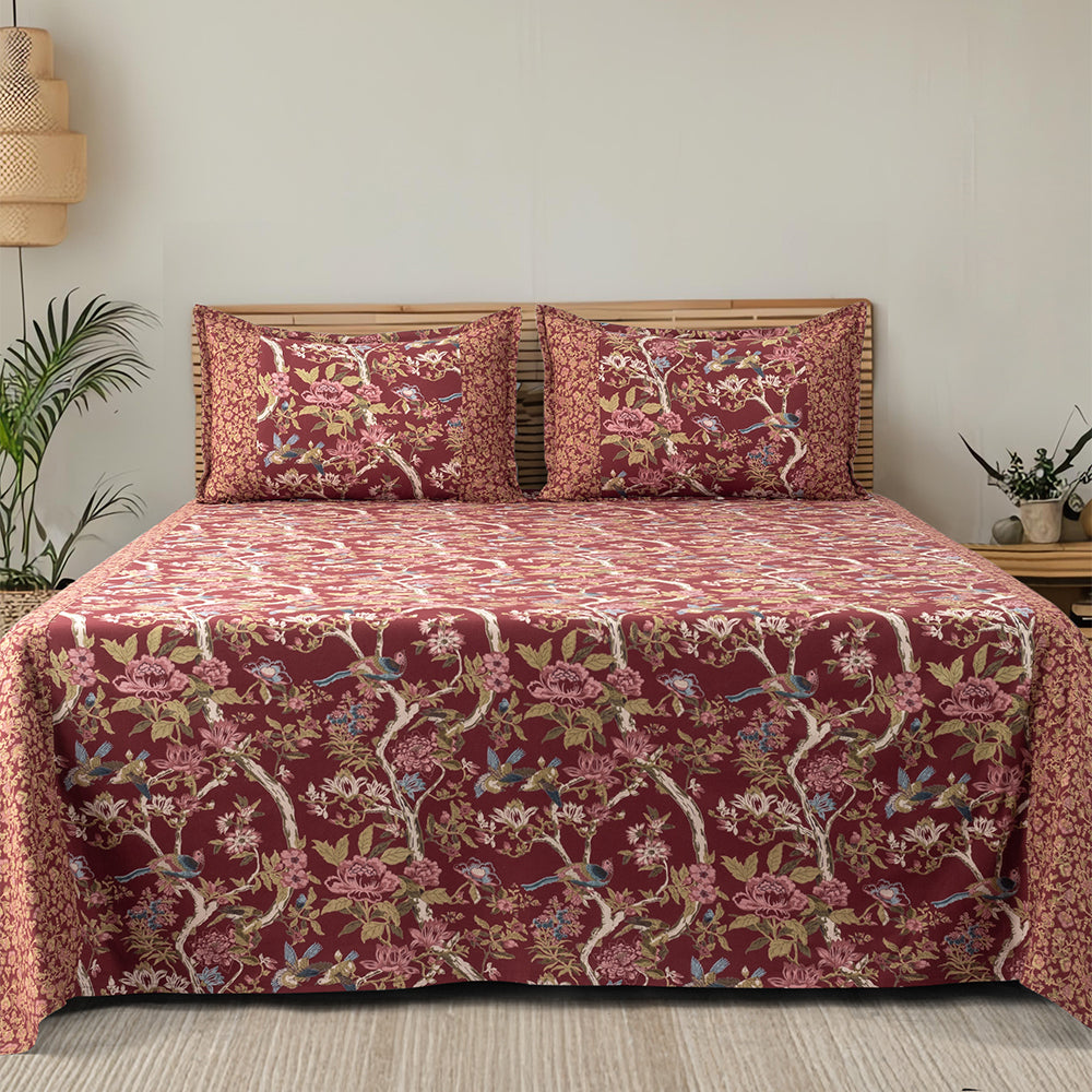 Royal Bird & Floral Ajara King Size Bedsheet Set – Maroon Grace